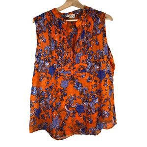 Magazine Lady Women's 1X Orange Blue Floral Pintuck Pleated Tank Top